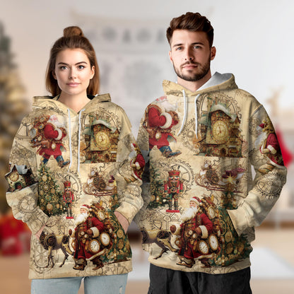 Netecom Steampunk Christmas Print Hoodie with Front Pocket, All Over Santa Claus Clock Gears Graphic Sweatshirt Unisex Casual