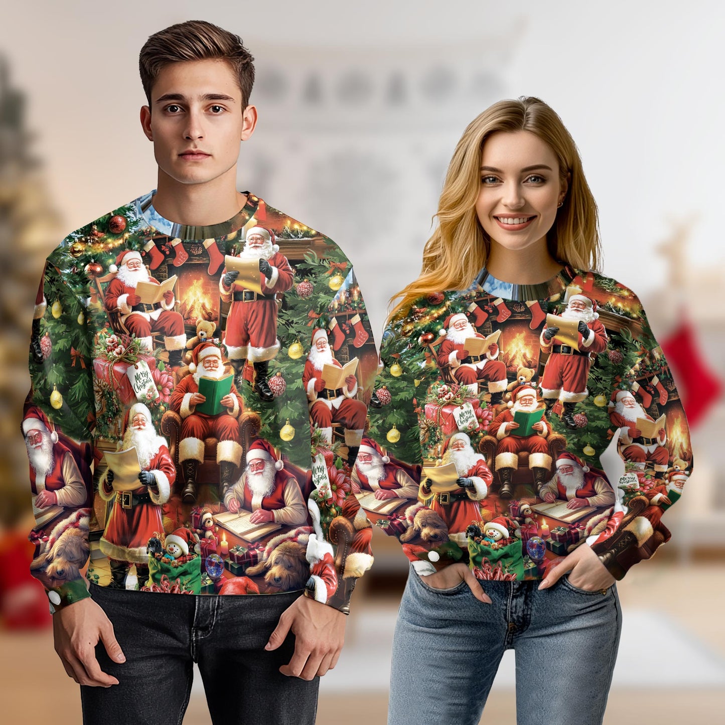 Netecom Christmas Santa Reading Book Sweatshirt 3D All Over Print, Cozy Holiday Design, Crewneck Pullover for Costume Party