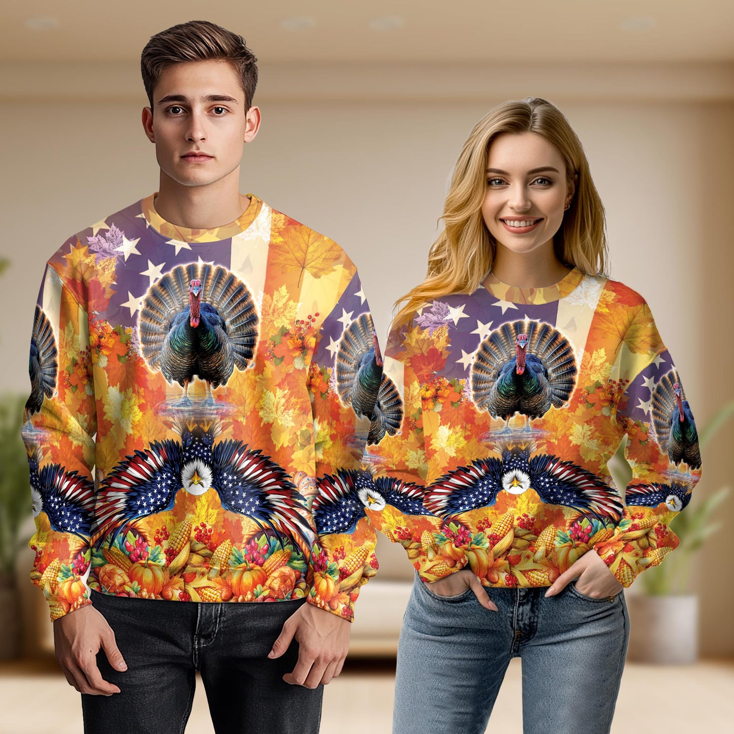Netecom Thanksgiving Turkey USA Flag Sweatshirt 3D All Over Print – Unisex Crewneck Pullover, Lightweight Fleece Casual Outfit