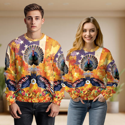 Netecom Thanksgiving Turkey USA Flag Sweatshirt 3D All Over Print – Unisex Crewneck Pullover, Lightweight Fleece Casual Outfit
