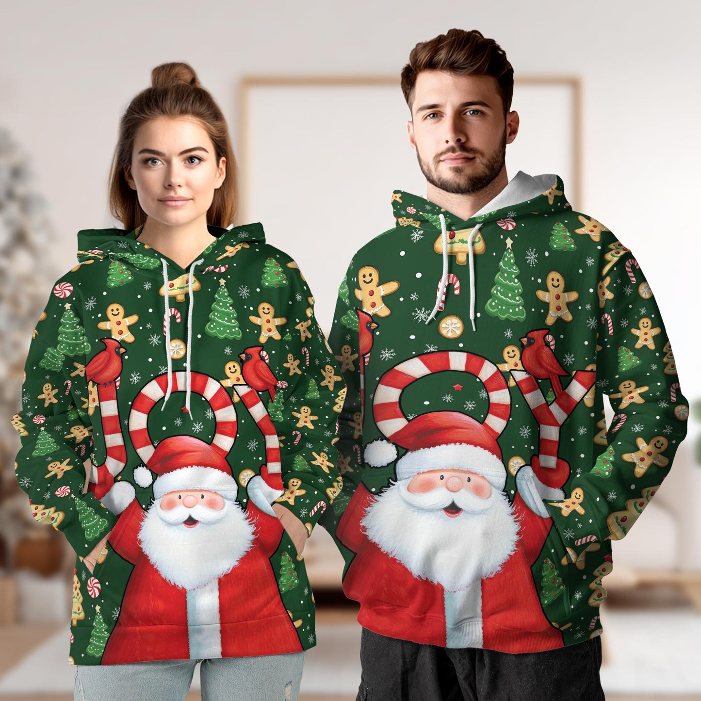 Netecom Santa Claus Joy Christmas 3D Hoodie with Front Pocket, Unisex Casual All Over Gingerbread Graphic Sweatshirt
