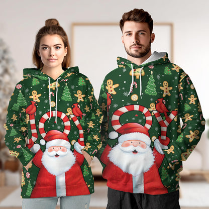 Netecom Santa Claus Joy Christmas 3D Hoodie with Front Pocket, Unisex Casual All Over Gingerbread Graphic Sweatshirt