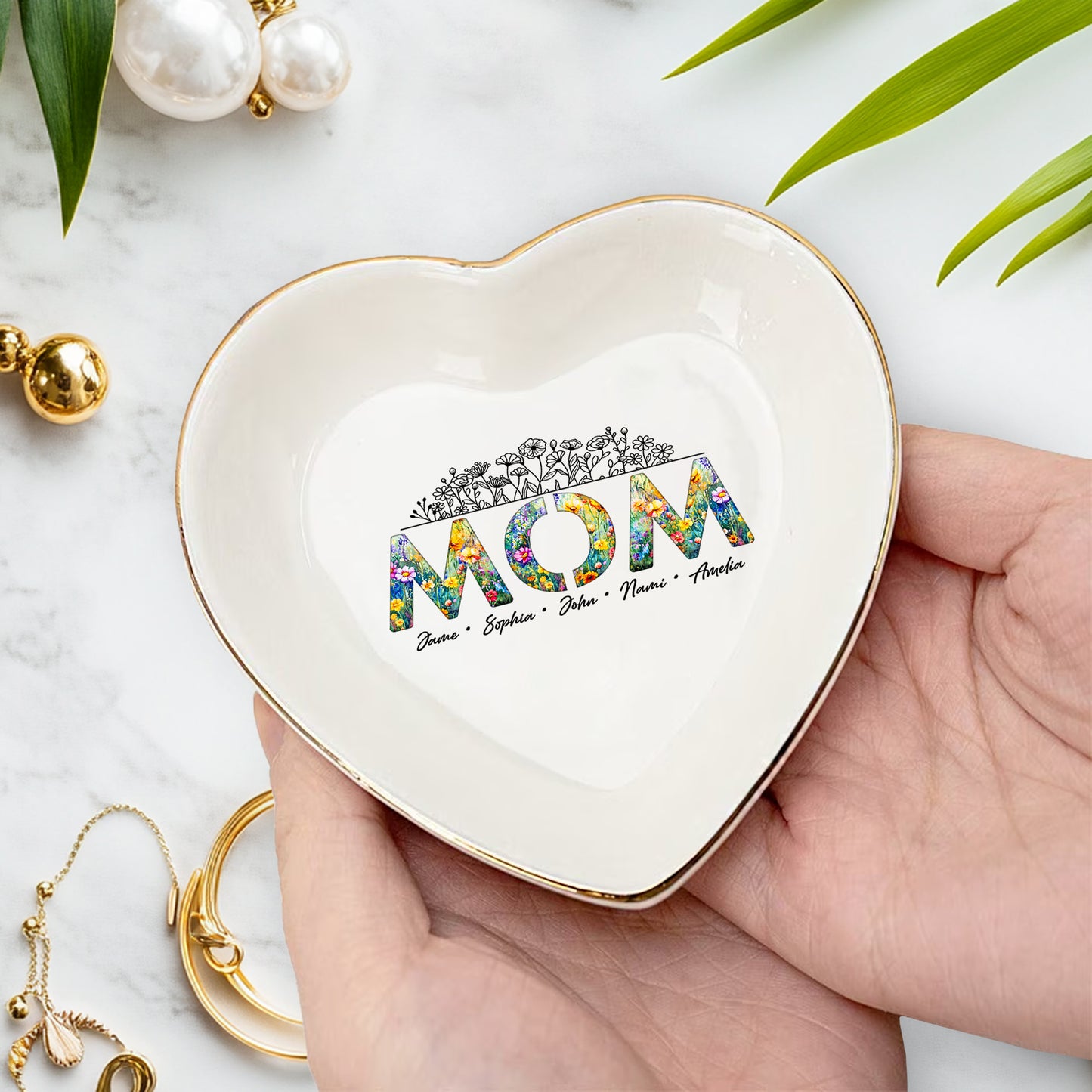 Netecom Personalized Floral "MOM" Ceramic Ring Dish , Custom Names Jewelry Tray , Elegant Mother’s Day Gift for Mom & Grandma