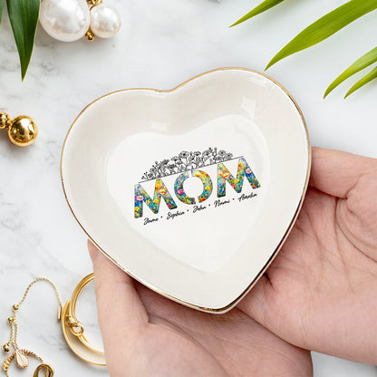 Netecom Personalized Floral "MOM" Ceramic Ring Dish , Custom Names Jewelry Tray , Elegant Mother’s Day Gift for Mom & Grandma
