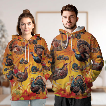 Netecom Thanksgiving Turkey 3D Hoodie with Front Pocket, Unisex Casual All Over Autumn Leaves Graphic Sweatshirt