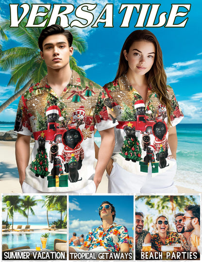 Netecom Black Cat Christmas Hawaiian Shirt for Men, Funny Holiday Kitten in Santa Hat Button Down Shirt, S-5XL