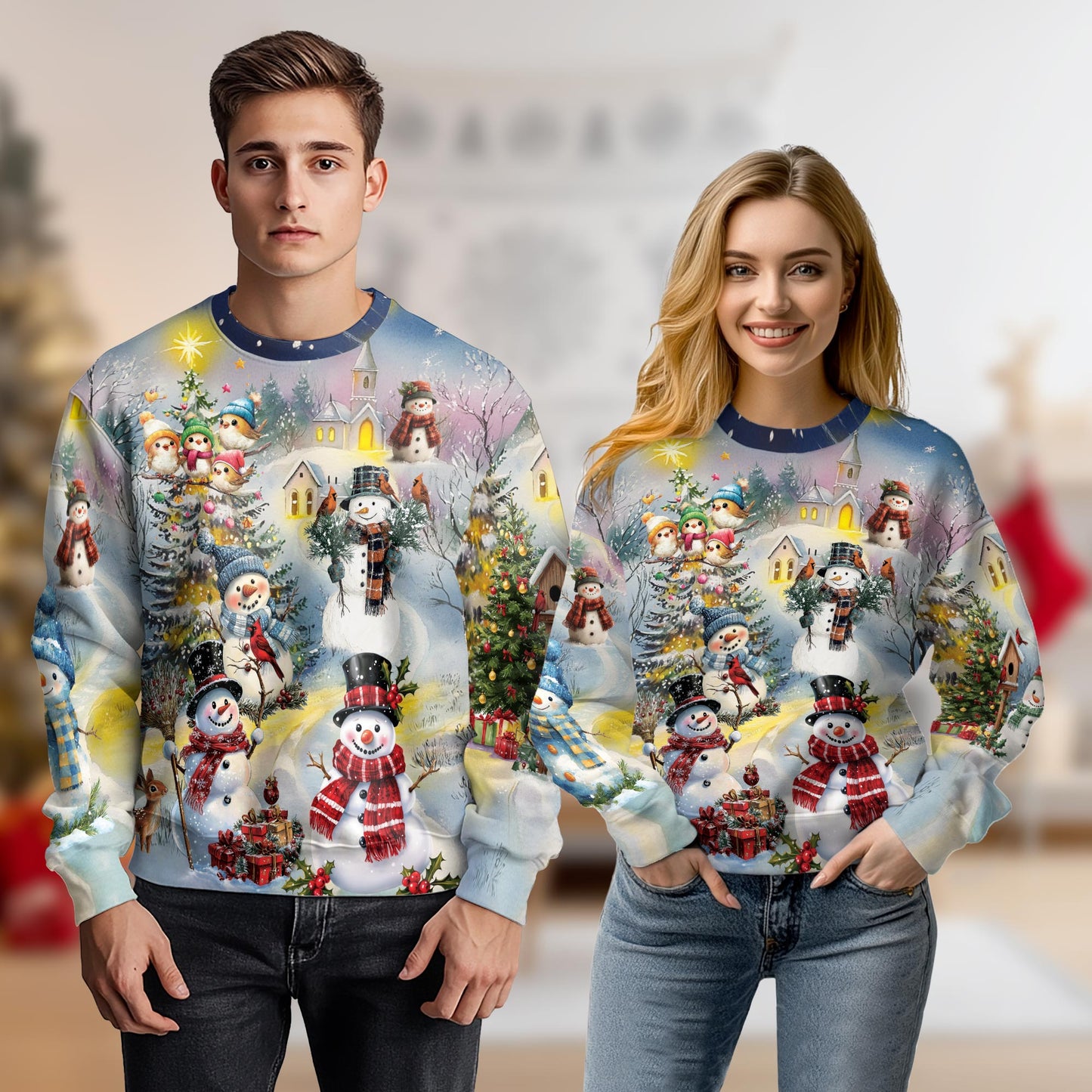 Netecom Christmas Snowman Sweatshirt 3D All Over Print, Cozy Winter Wonderland Design, Crewneck Pullover for Costume Party