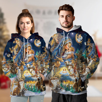 Netecom Nativity Scene Print Hoodie with Front Pocket, All Over Holy Family Christian Graphic Sweatshirt Unisex Casual