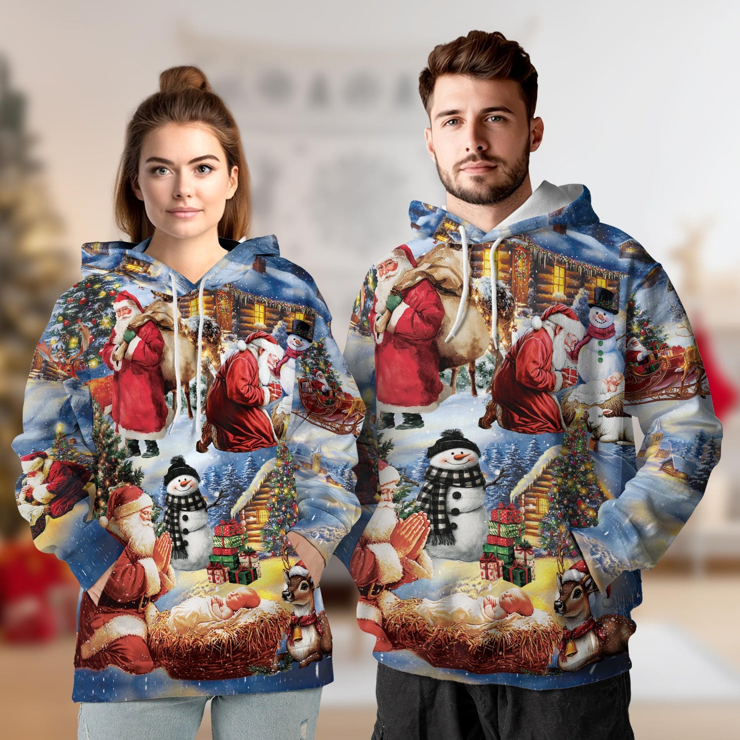 Netecom Christmas Nativity Print Hoodie with Front Pocket, All Over Santa Claus Jesus Holiday Graphic Sweatshirt Unisex Casual