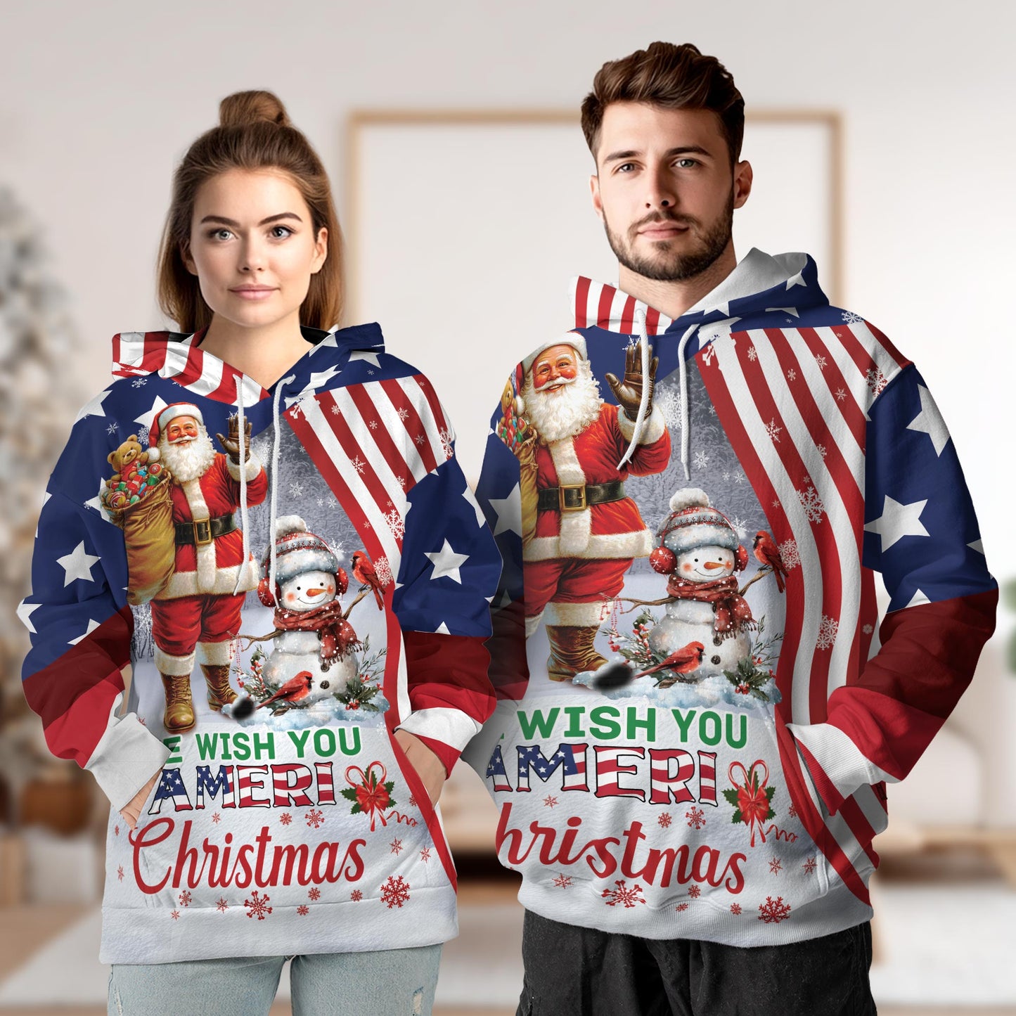Netecom We Wish You Ameri Christmas 3D Hoodie with Front Pocket, Unisex Casual All Over Patriotic Graphic Sweatshirt