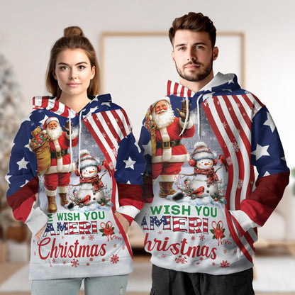 Netecom We Wish You Ameri Christmas 3D Hoodie with Front Pocket, Unisex Casual All Over Patriotic Graphic Sweatshirt