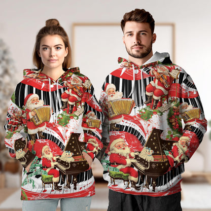 Netecom Santa Claus Playing Musical Christmas 3D Hoodie with Front Pocket, Unisex Casual All Over Graphic Sweatshirt