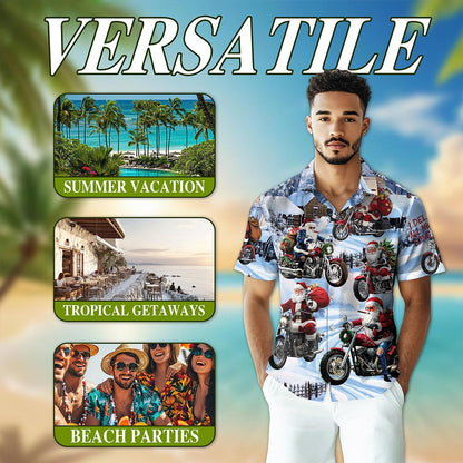 Netecom Santa Claus Motorcycle Christmas Hawaiian Shirt for Men Women, Winter Snow Button Down Summer Beach Shirts, S-5XL