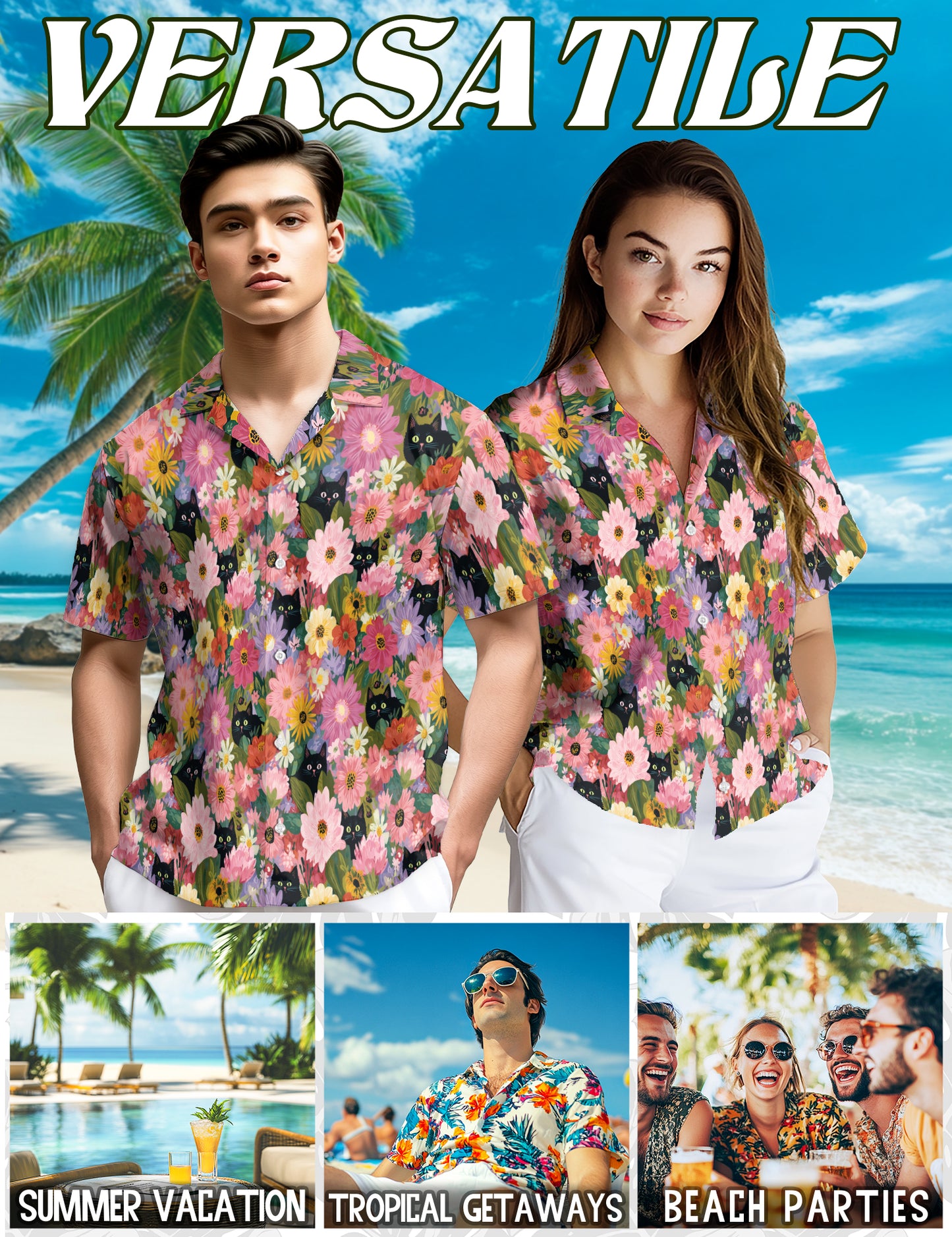 Netecom Black Cat Floral Hawaiian Shirt for Men Women, Cute Kitten in Colorful Daisy Garden Button Down Shirt