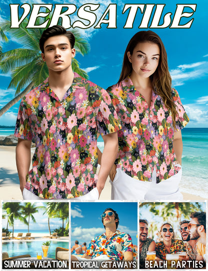 Netecom Black Cat Floral Hawaiian Shirt for Men Women, Cute Kitten in Colorful Daisy Garden Button Down Shirt