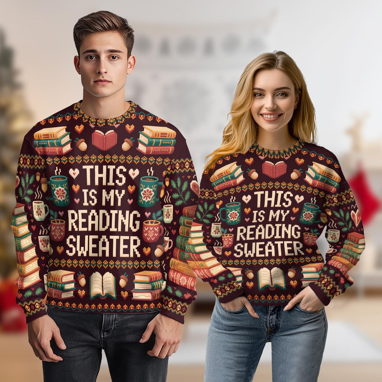 Netecom Retro Ugly Christmas Book Coffee Sweatshirt 3D All Over Print, Literary Gift Idea, Crewneck Pullover for Costume Party