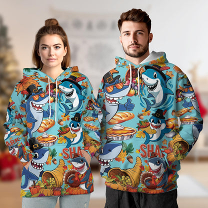 Netecom Shark Thanksgiving Print Hoodie with Front Pocket, All Over Happy Turkey Day Graphic Sweatshirt Unisex Casual