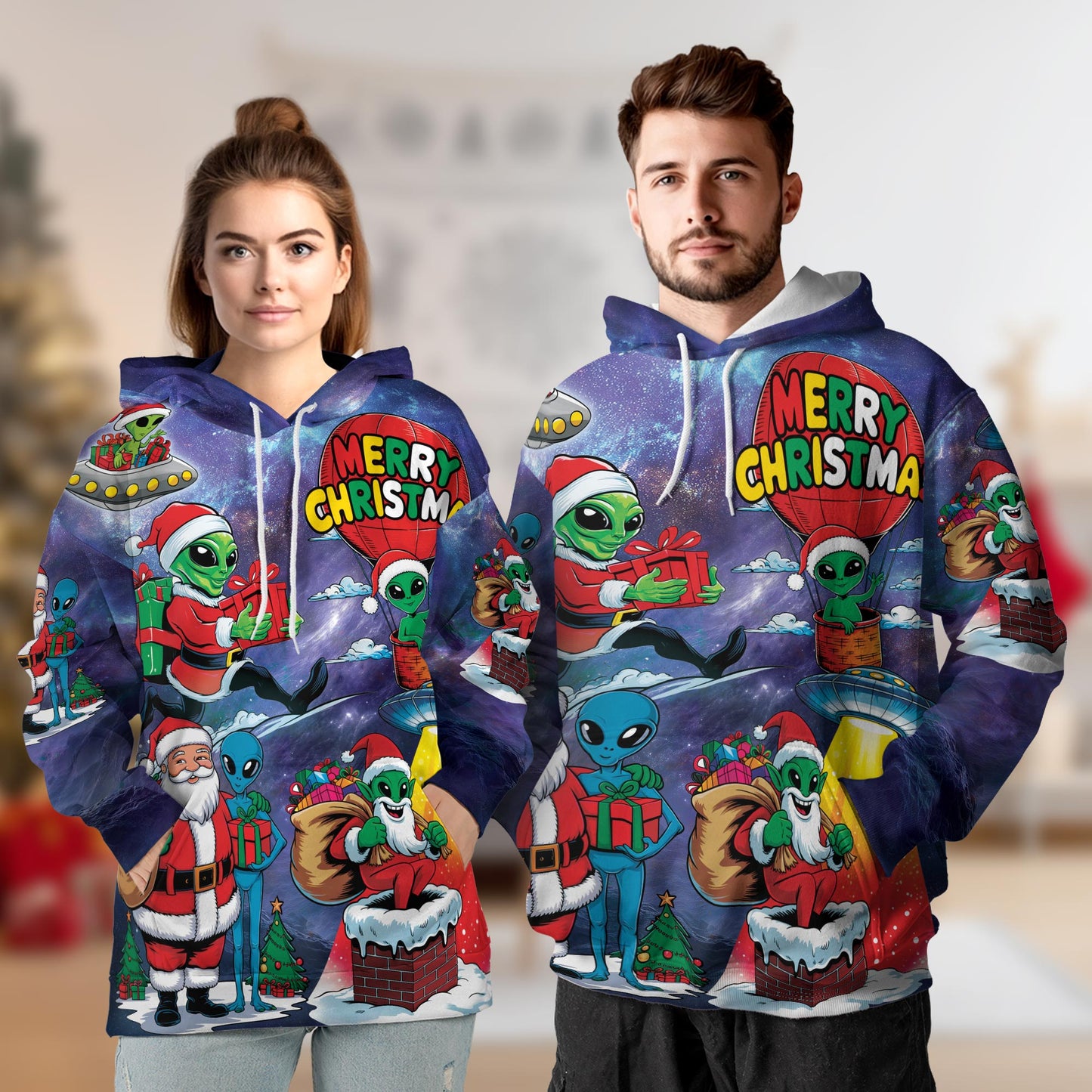 Netecom Alien Santa Claus Christmas Print Hoodie with Front Pocket, All Over Graphic Galaxy Space Sweatshirt Unisex Casual