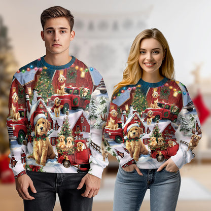 Netecom Golden Retriever Christmas Sweatshirt 3D All Over Print, Dog in Red Truck Design, Crewneck Pullover for Costume Party
