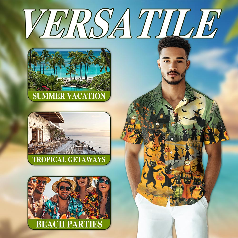 Netecom Black Cat Hawaiian Shirt for Men, Halloween Present, Animal Pumpkin Button Down Summer Beach Shirts, S-5XL
