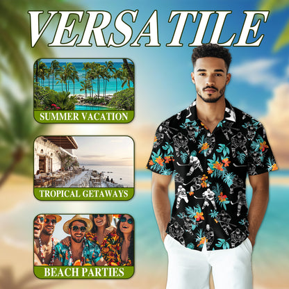 Netecom Ice Hockey Player Black Tropical Flower Hawaiian Shirt for Men, Button Down Summer Beach Short Sleeve, S-5XL