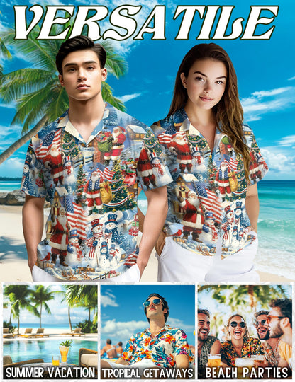 Netecom Vintage Santa Claus American Flag Christmas Hawaiian Shirt, Patriotic Holiday Print Button Down Shirt, S-5XL