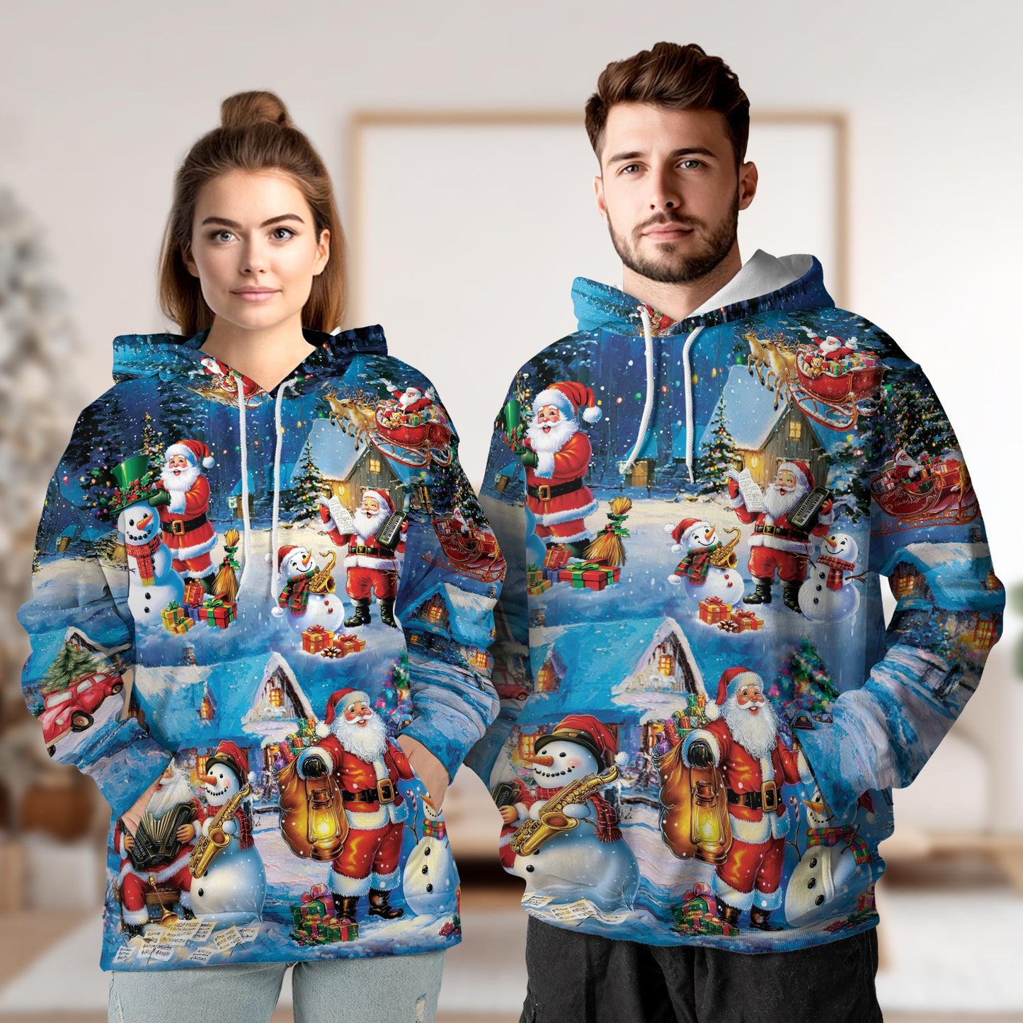 Netecom Santa and Snowman 3D Hoodie with Front Pocket, Unisex Casual All Over Musical Christmas Graphic Sweatshirt