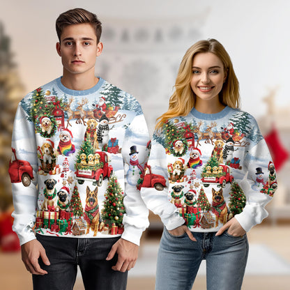 Netecom Funny Christmas Dogs in Snow Sweatshirt 3D All Over Print, Puppy Lover Gifts, Crewneck Pullover for Costume Party