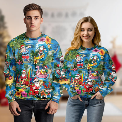 Netecom Santa Clause On The Beach Sweatshirt 3D All Over Print, Christmas July Design, Crewneck Pullover for Costume Party