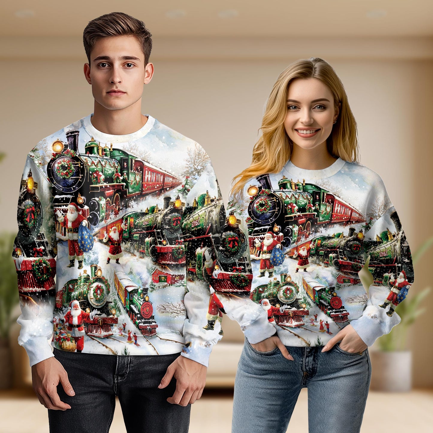 Netecom Christmas Santa Locomotive Sweatshirt 3D All Over Print – Unisex Crewneck Pullover, Lightweight Fleece Casual Outfit