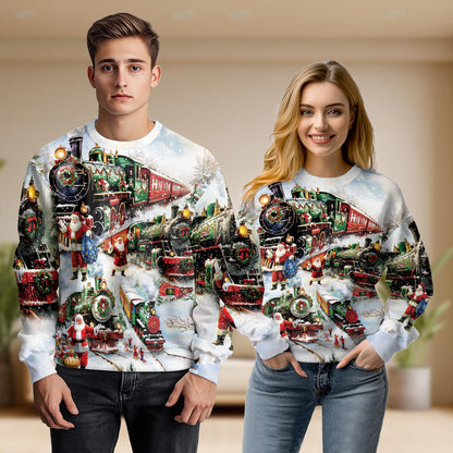 Netecom Christmas Santa Locomotive Sweatshirt 3D All Over Print – Unisex Crewneck Pullover, Lightweight Fleece Casual Outfit