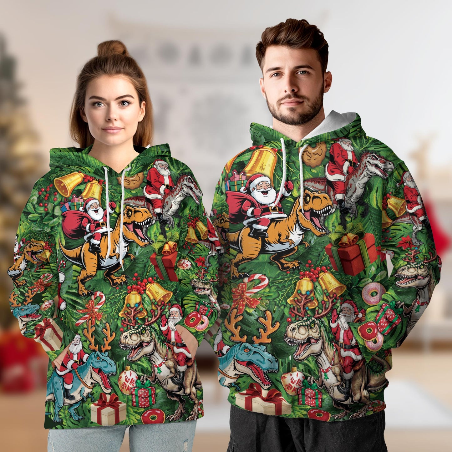 Netecom Santa Claus Riding Dinosaur Print Hoodie with Front Pocket, All Over Funny T-Rex Graphic Sweatshirt Unisex Casual