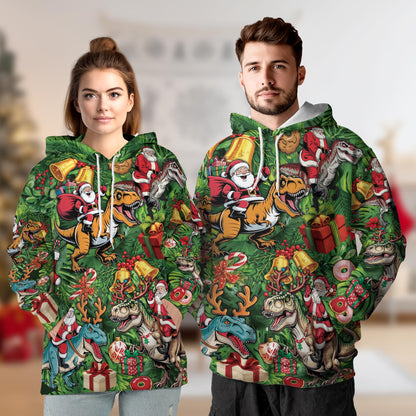Netecom Santa Claus Riding Dinosaur Print Hoodie with Front Pocket, All Over Funny T-Rex Graphic Sweatshirt Unisex Casual