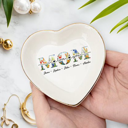 Netecom Floral "MOM" Ceramic Ring Dish with Custom Names, Heartfelt Gift for Mother's Day & Family Celebrations.