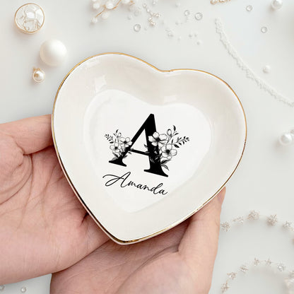 Netecom Personalized Floral Jewelry Dish with Custom Letter and Name, Elegant Ceramic Tray for Birthdays and Home Decor