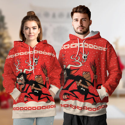 Netecom Krampus Christmas Print Hoodie with Front Pocket, All Over Demon Santa Graphic Sweatshirt Unisex Casual