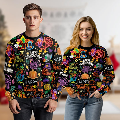 Netecom Funny Happy Turkey Day Sweatshirt 3D All Over Print, Neon Thanksgiving Design, Crewneck Pullover for Costume Party