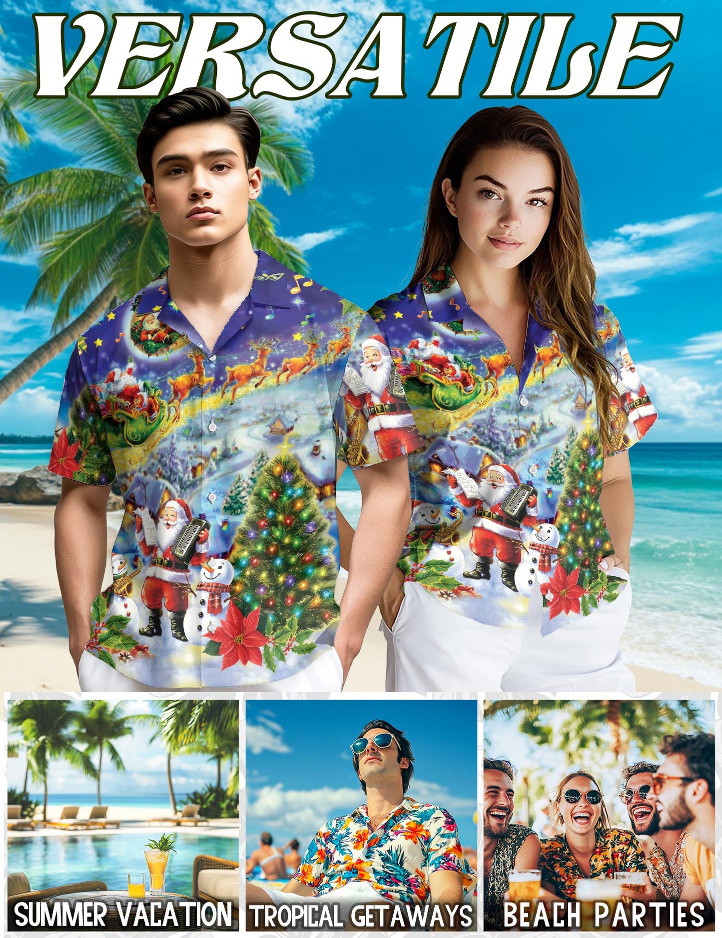 Netecom Santa Claus and Snowman Hawaiian Shirt for Men, Festive Christmas Music Tree Button DownShirt, S-5XL