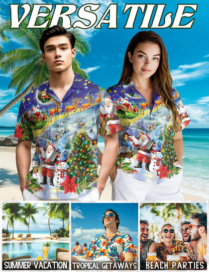 Netecom Santa Claus and Snowman Hawaiian Shirt for Men, Festive Christmas Music Tree Button DownShirt, S-5XL