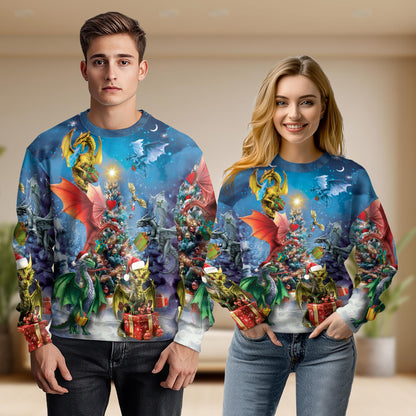Netecom Fantasy Dragons Christmas Tree Sweatshirt All Over 3D Print – Unisex Crewneck Pullover, Lightweight Fleece Casual Outfit