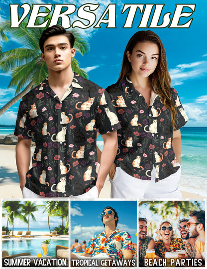 Netecom Cute Cat White Hawaiian Shirt for Men Women, Cat Lover Gifts, Animal Floral Button Down Summer Beach Shirts