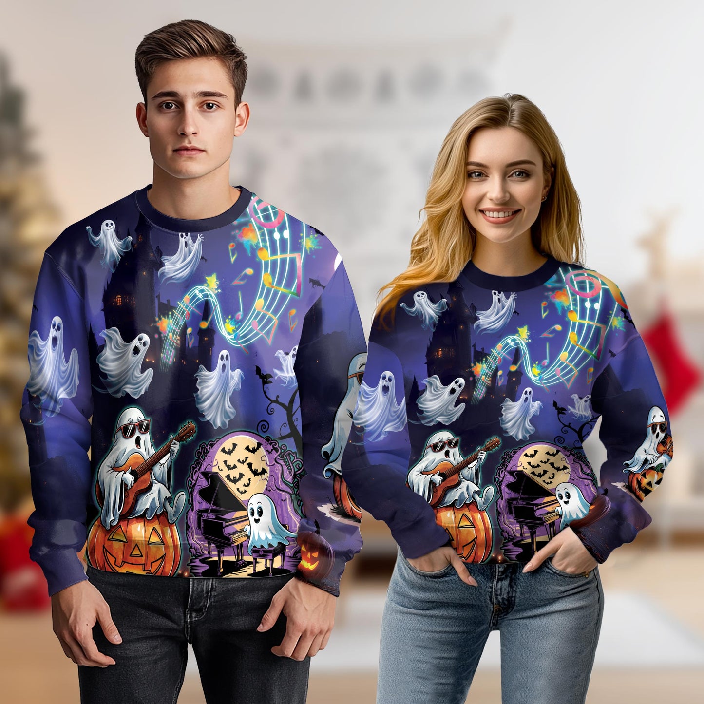 Netecom Halloween Ghost and Pumpkin Sweatshirt 3D All Over Print, Music Night Design, Crewneck Pullover for Costume Party