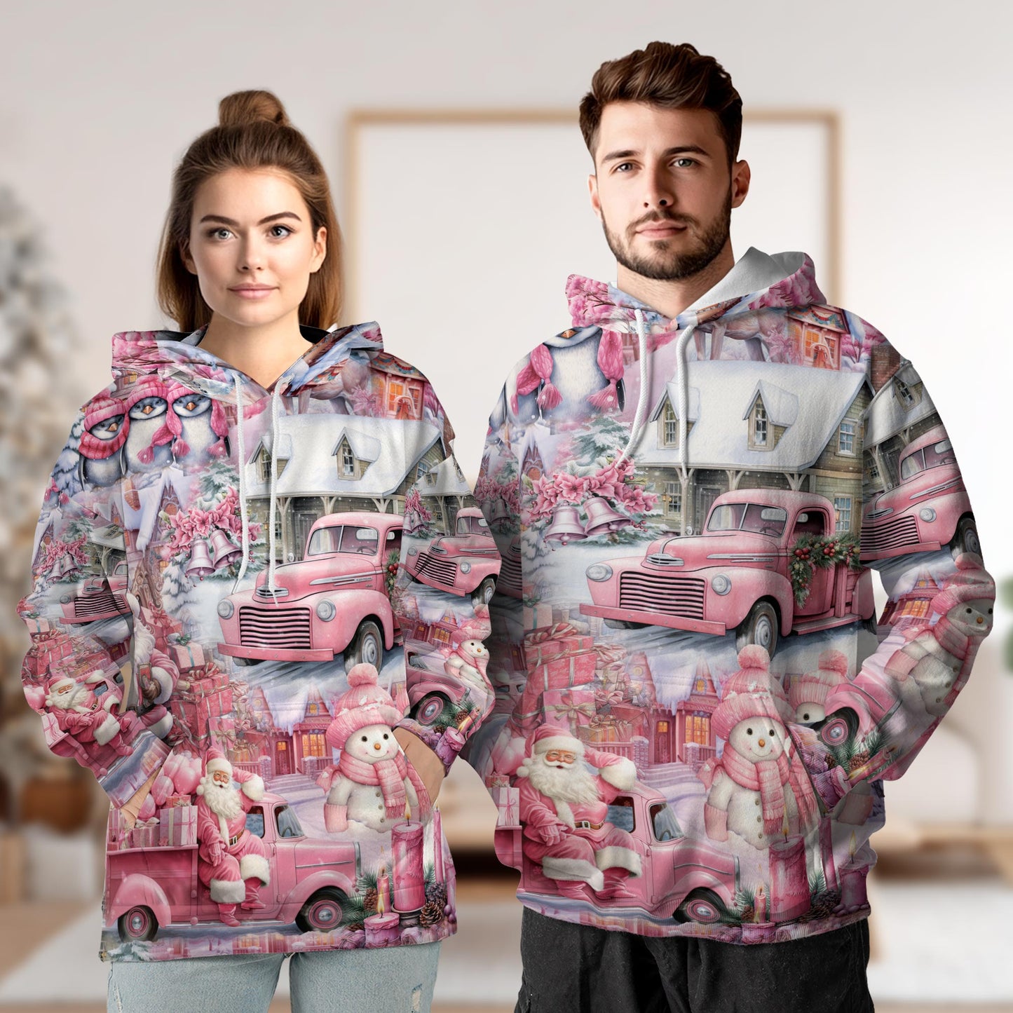 Netecom Pink Christmas Santa Claus 3D Hoodie with Front Pocket, Unisex Casual All Over Village Graphic Sweatshirt