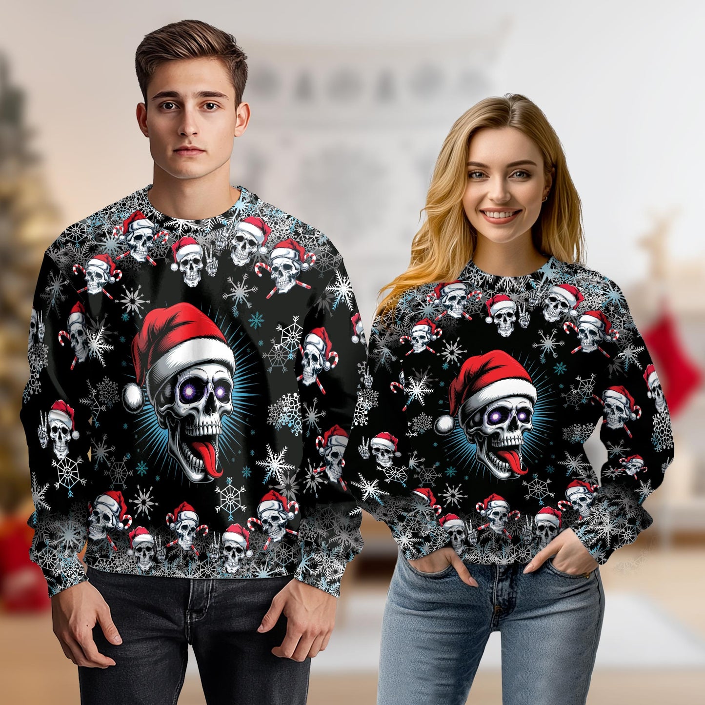 Netecom Christmas Santa Skull Sweatshirt 3D All Over Print, Horror Skeleton Design, Crewneck Pullover for Costume Party