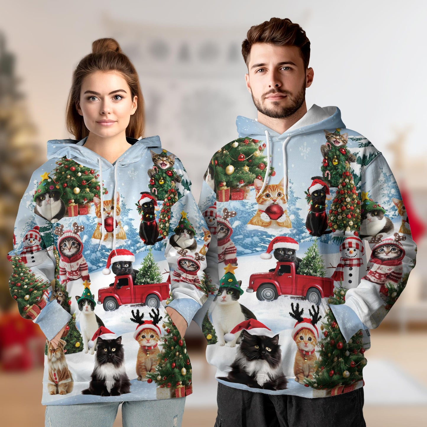 Netecom Cat Christmas Santa Print Hoodie with Front Pocket, Cat Lover Gift, All Over Graphic Animal Sweatshirt Unisex Casual