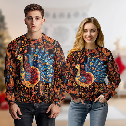 Netecom Folk Art Turkey Thanksgiving Sweatshirt 3D All Over Print, Autumn Holiday Outfit, Crewneck Pullover for Costume Party