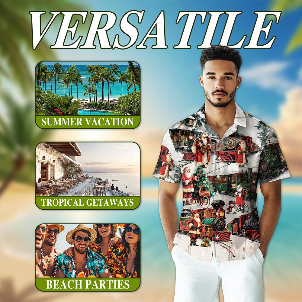Netecom Vintage Christmas Train Hawaiian Shirt, Old-Fashioned Holiday Santa Button Down Summer Beach Short Sleeve Shirt, S-5XL
