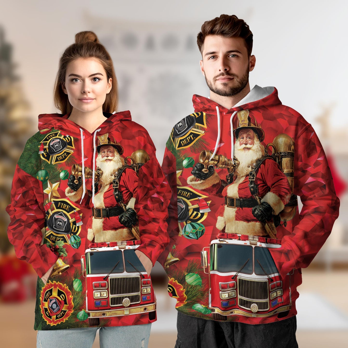 Netecom Firefighter Santa Claus Christmas Print Hoodie with Front Pocket, All Over Fire Truck Graphic Sweatshirt Unisex Casual