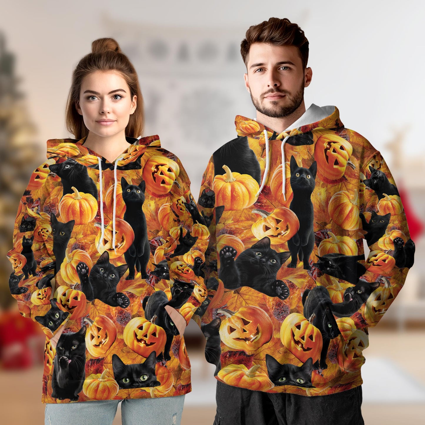 Netecom Black Cat and Pumpkin 3D Print Hoodie with Front Pocket, All Over Graphic Funny Halloween Sweatshirt Unisex Casual
