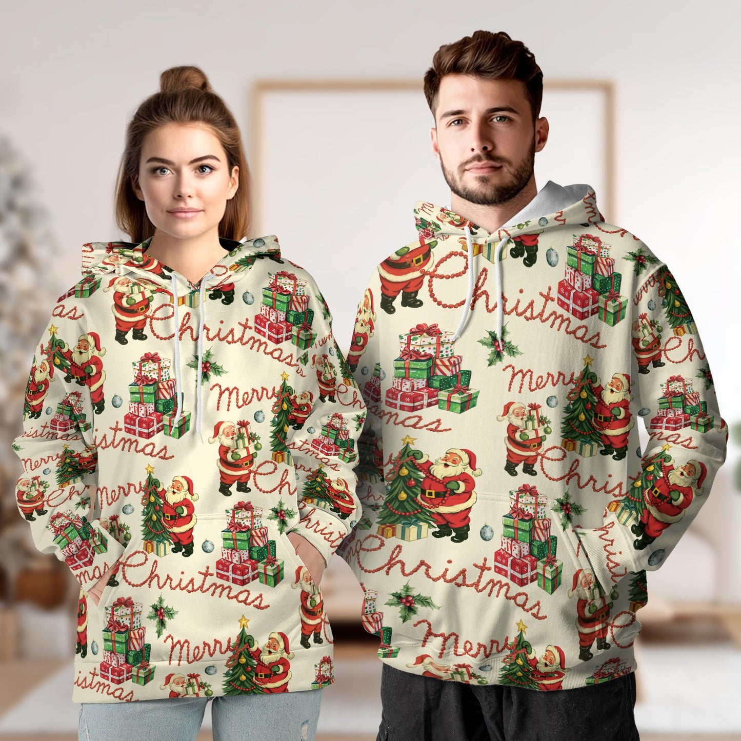 Netecom Santa Claus 3D Hoodie with Front Pocket, Unisex Casual All Over Merry Christmas Graphic Sweatshirt
